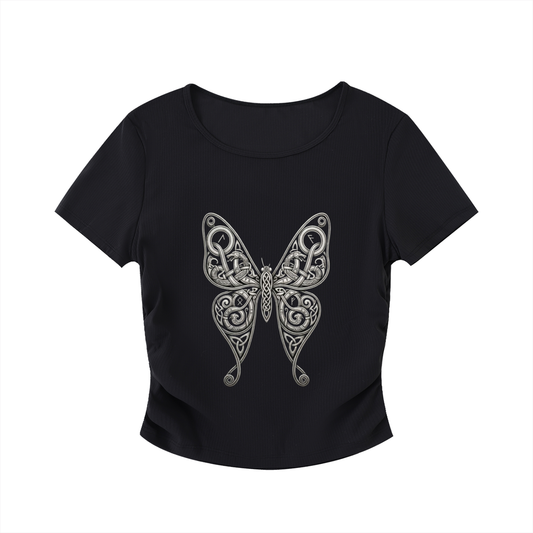 Ruched Rune Butterfly Bodycon Crop Top